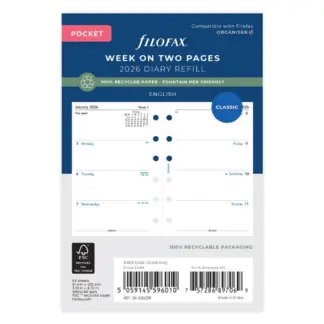 Filofax Pocket 2026 week op 2 pagina's Engelstalig van gerecycled papier