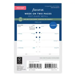 Filofax Pocket 2027 week op 2 pagina's Engelstalig van gerecycled papier