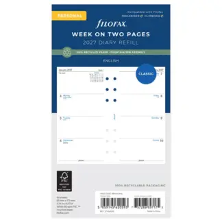 Filofax Personal 2027 Week op 2 pagina's Engelstalig (weekstart op maandag) gerecycled